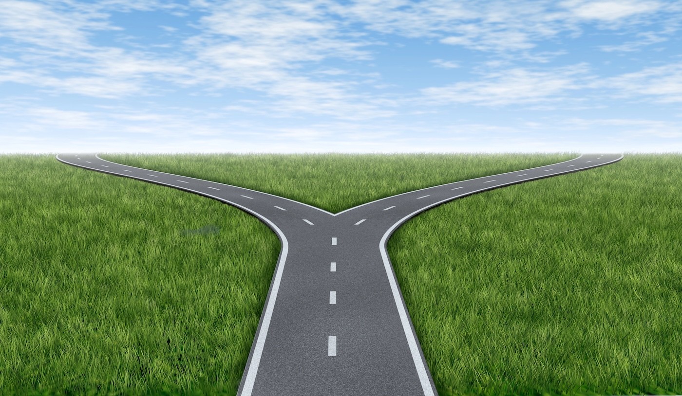 Fork in the road with diverging paths in a grassy landscape — illustration of choosing among the three options for handling the Azure Maps Gen2 price increase: accepting Gen2 pricing, implementing efficiencies, or migrating to a different platform